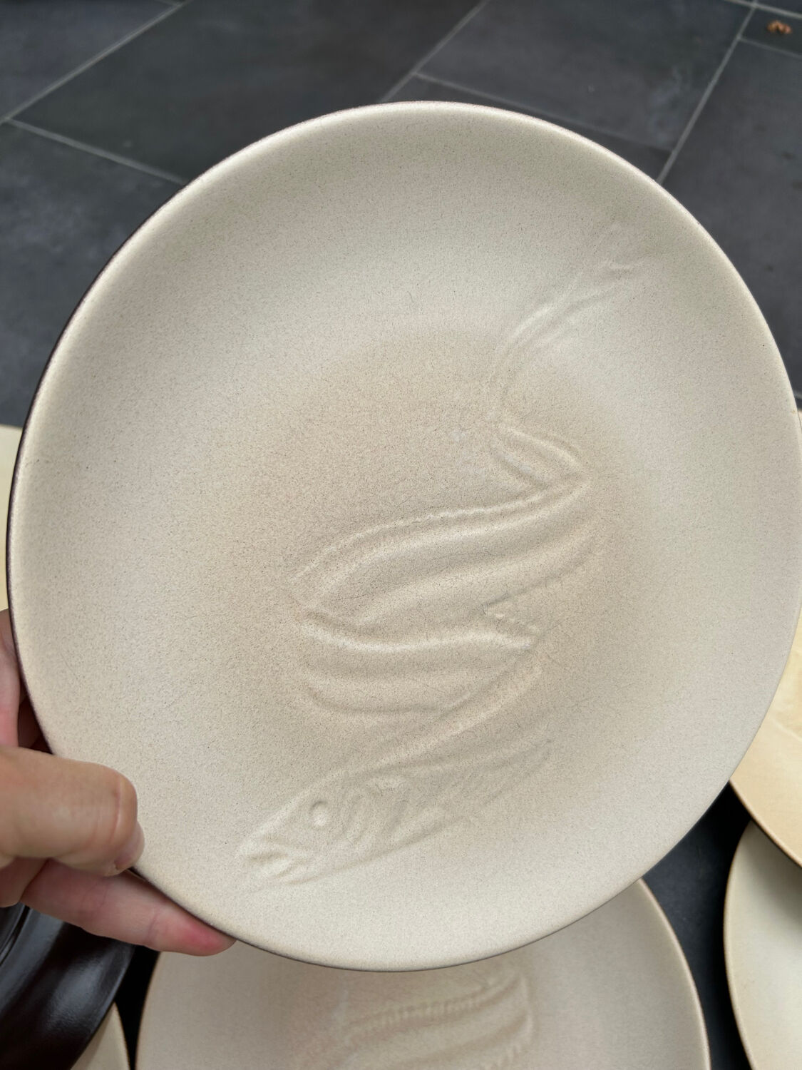 12 plates and stoneware saucière Fish