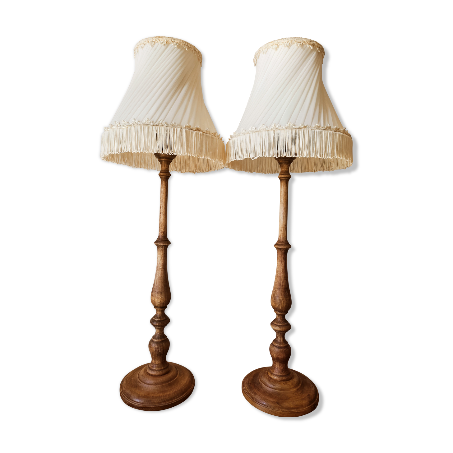 Pair of wooden lamps, pleated lampshade