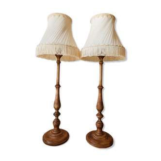 Pair of wooden lamps, pleated lampshade