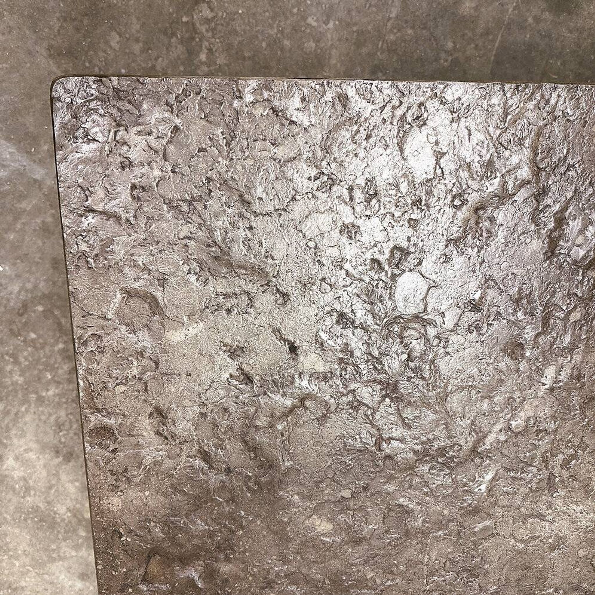 French 1970s slate & solid oak coffee table — textural slate slab, sculptural presence