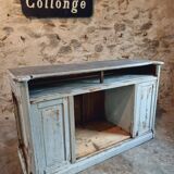 Antique oak counter with zinc top and blue patina