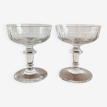 2 coupes à champagne anciennes en verre soufflé à côtes plates 19eme siècle