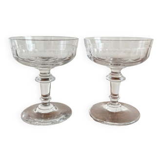 2 antique champagne glasses in blown glass with flat ribs, 19th century
