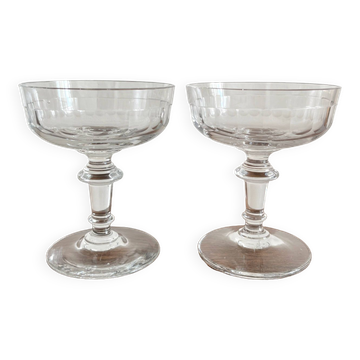 2 antique 19th-century blown glass champagne coupes with flat sides