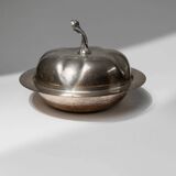 Silver-plated pumpkin-shaped bowl with lift-off lid, 1940s vintage centerpiece in metal
