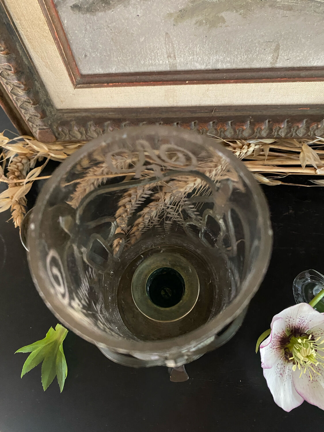 Antique glass and bronze candlestick