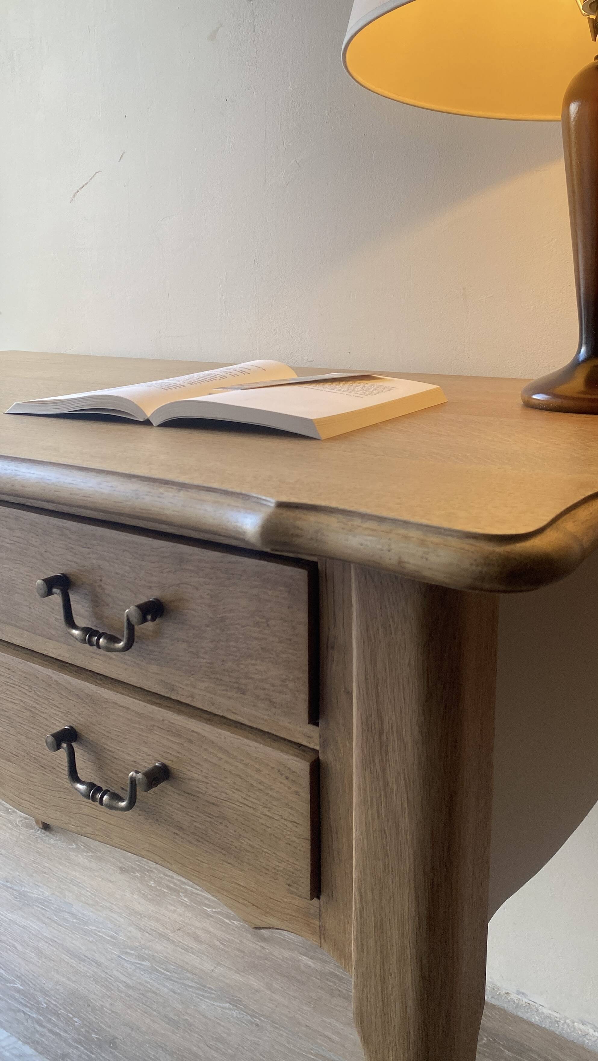 Antique 2-drawer desk in raw wood and beige, renovated.