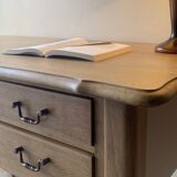 Antique 2-drawer desk in raw wood and beige, renovated.