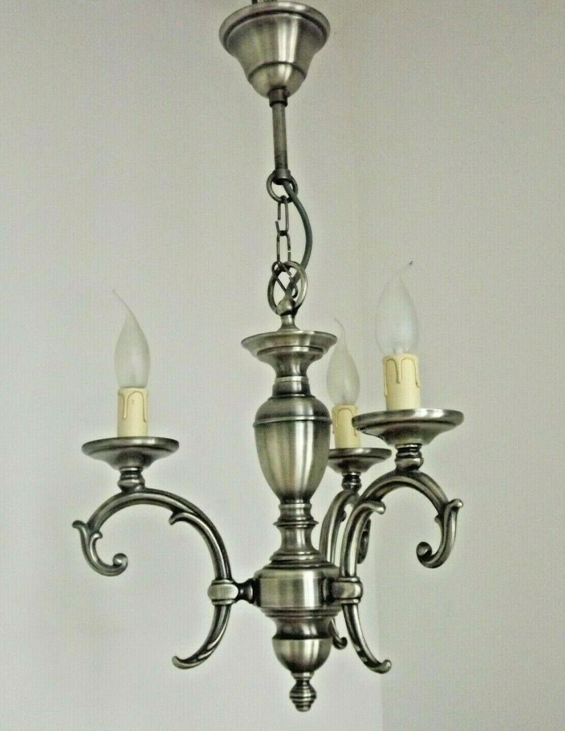 French brushed silver metal 3 light chandelier scroll leaf detail