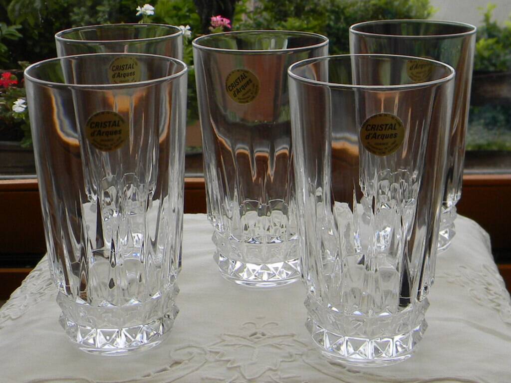 Set of 5 arques crystal orangeade glasses. villandry model.