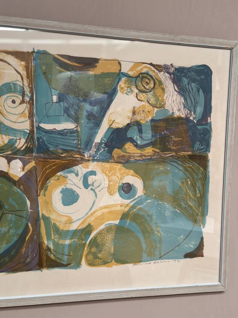 Large Original Swedish Graphic Sheet – "Composition" by Thormod Larsen – 1971 – Vintage and Framed – 79 × 59 cm (31.1" × 23.2")