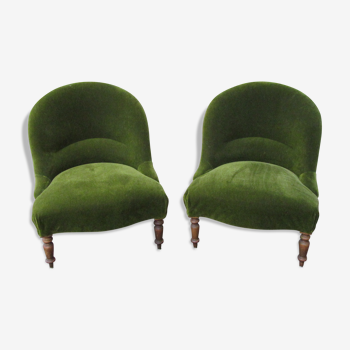 Paire fauteuils chauffeuse crapaud en velours vert