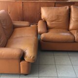 Pair of 2-seater fawn leather sofas Brunati Italian Design 1980