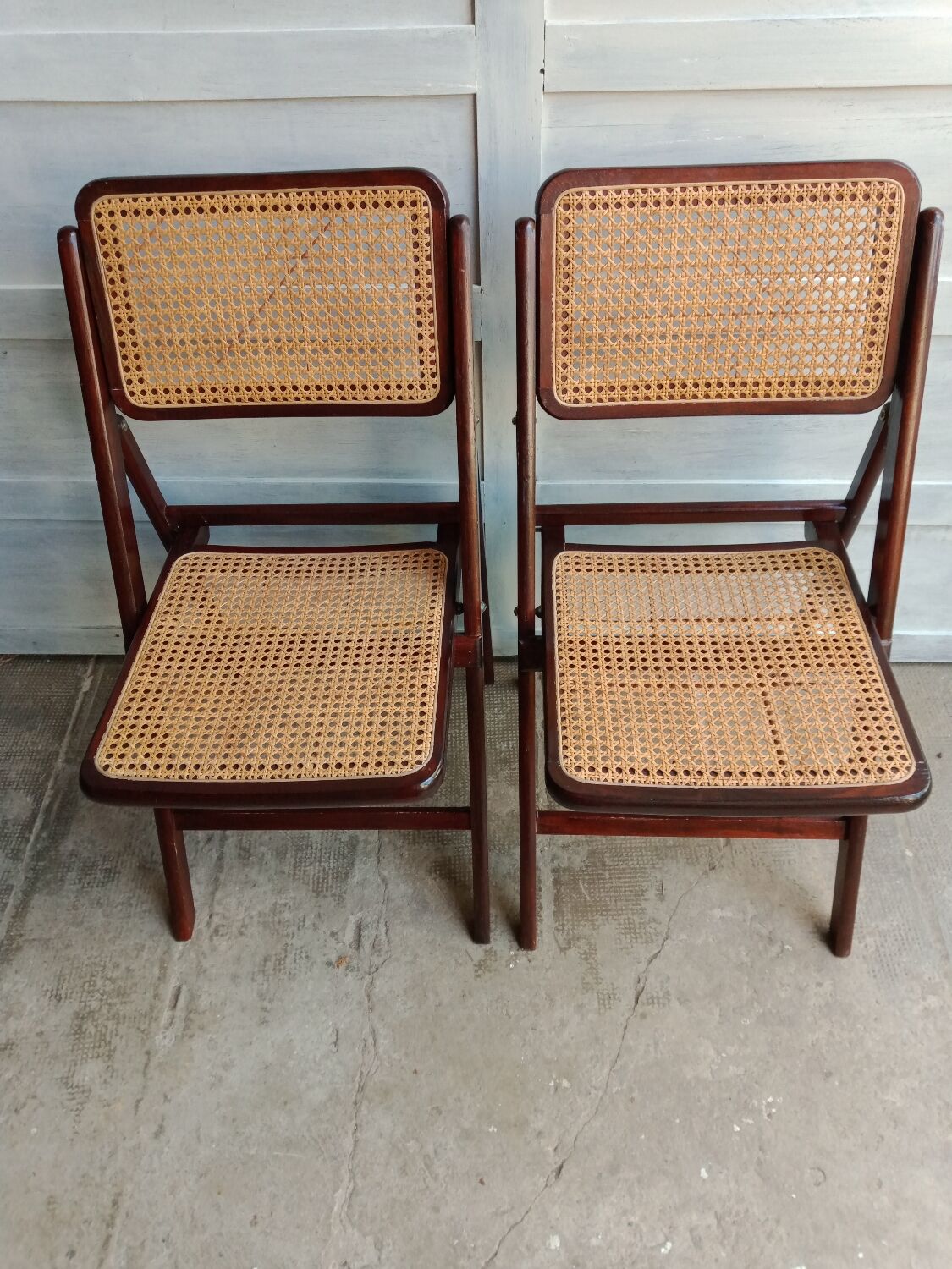 Vintage folding cane and wood chairs