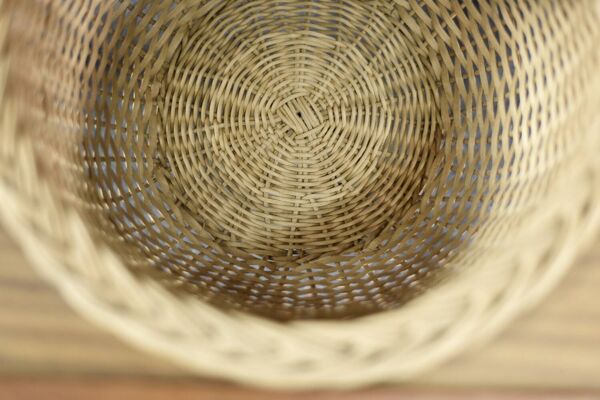 Vintage Mid-Century Danish Modern Teak Thread Side Table with Wicker Basket