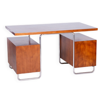 Restored Bauhaus Beech Writing Desk, Hynek Gottwald, Chrome, Czechia, 1930s