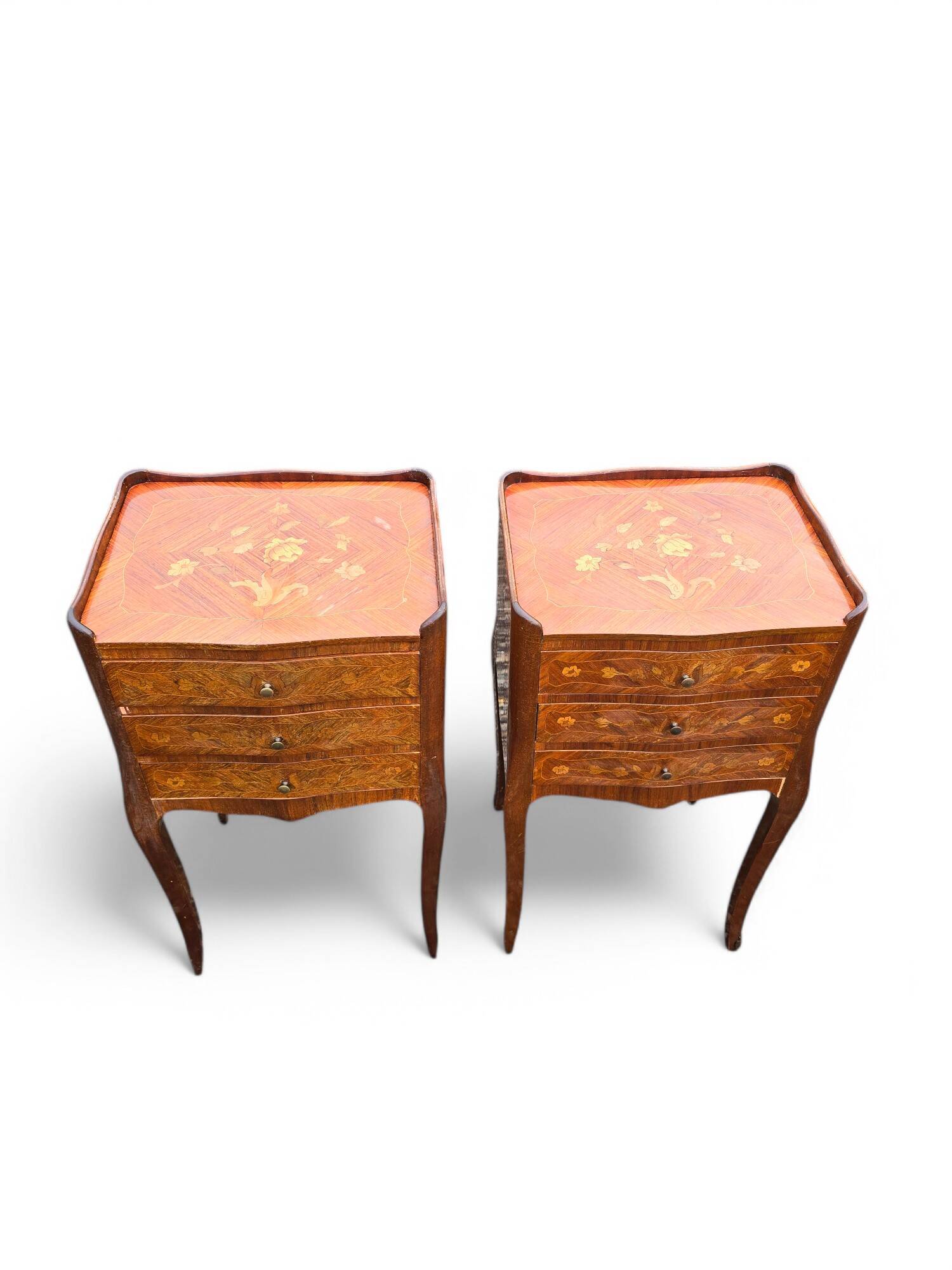 Pair of Louis XV style bedside tables with rosewood marquetry