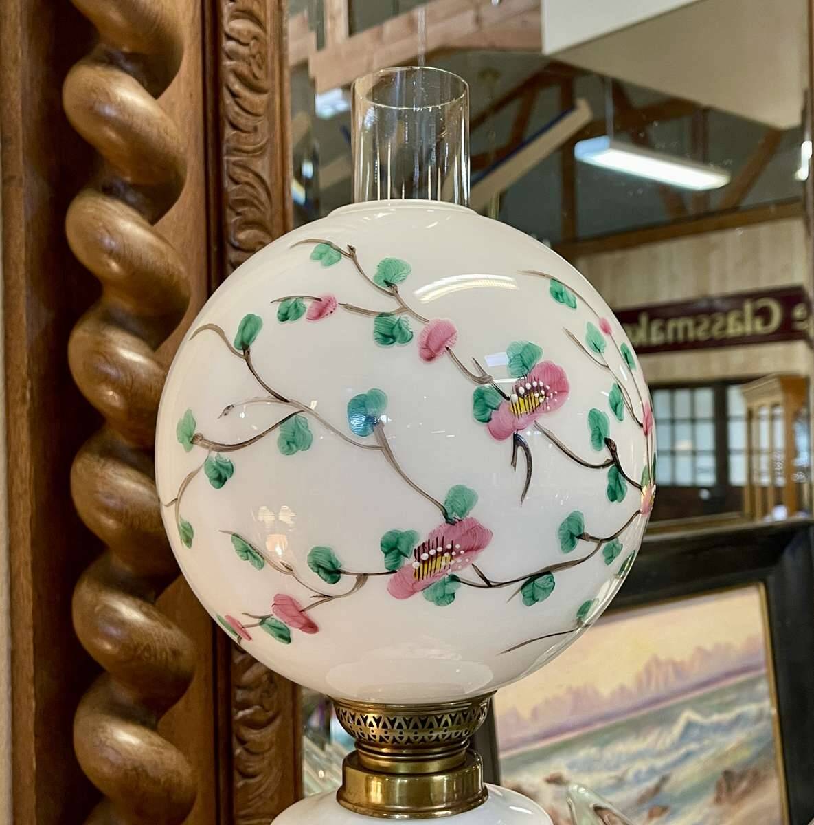 Napoleon III lamp in white opaline and painted with floral decoration - late 19th century