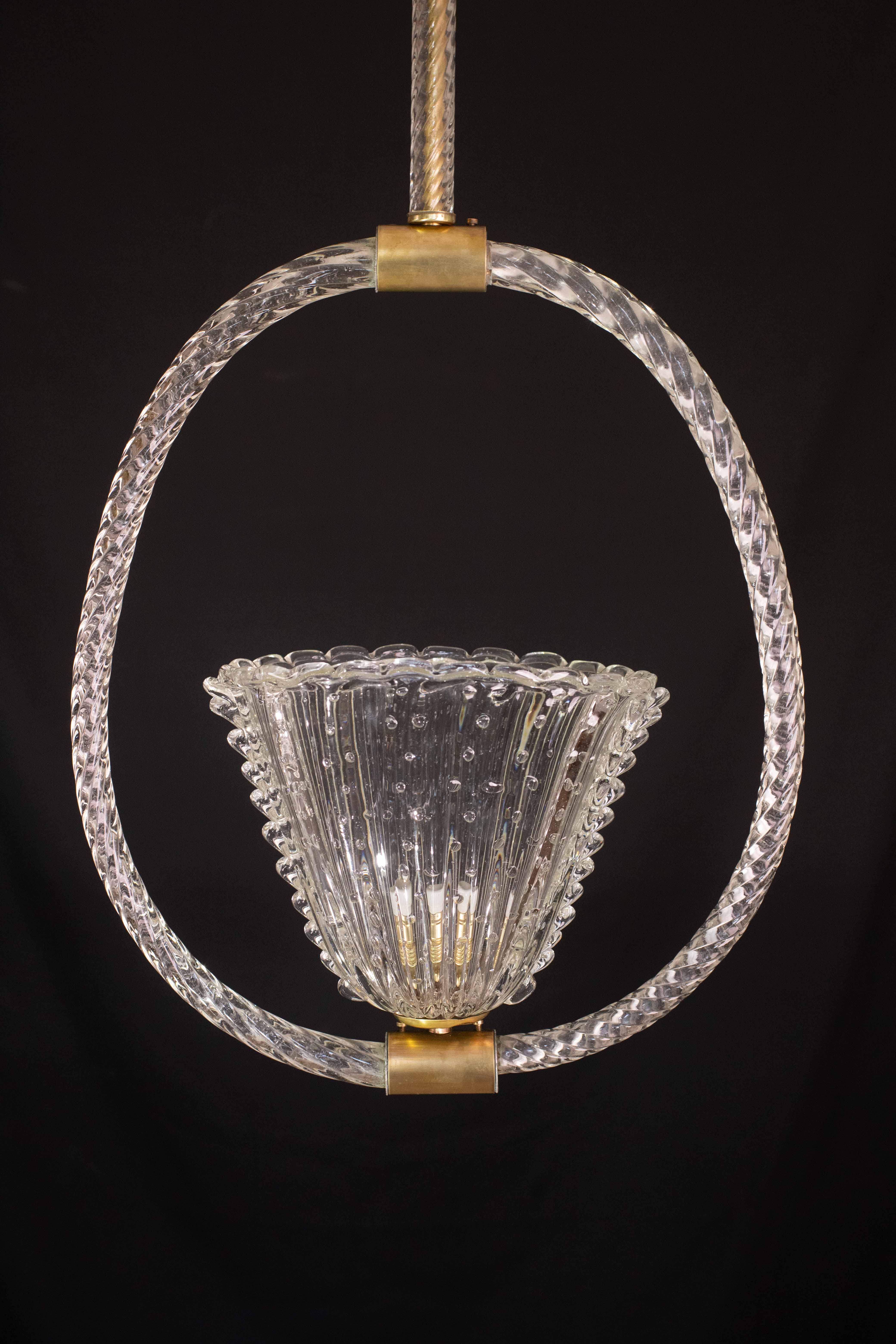Ercole Barovier Art Deco Chandelier, "Bullicante" Glass Murano, 1940