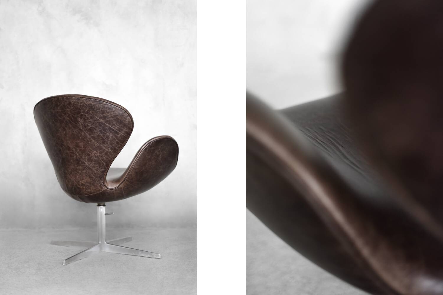 Brown leather Swan chair by Arne Jacobsen, mid-century Danish modernity.