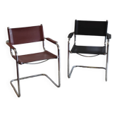 Duo de chaises style Bauhaus en métal chromé et similicuir - années 70/80