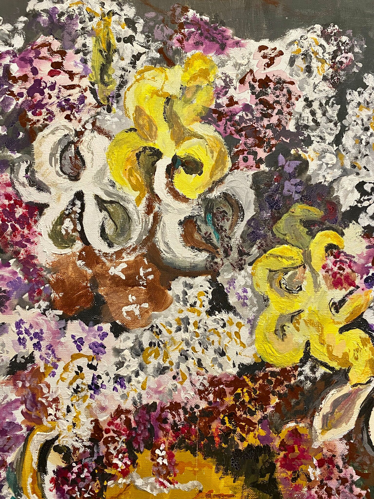 Ancient painting, still life with lilas and iris signed Bonnefond 70s