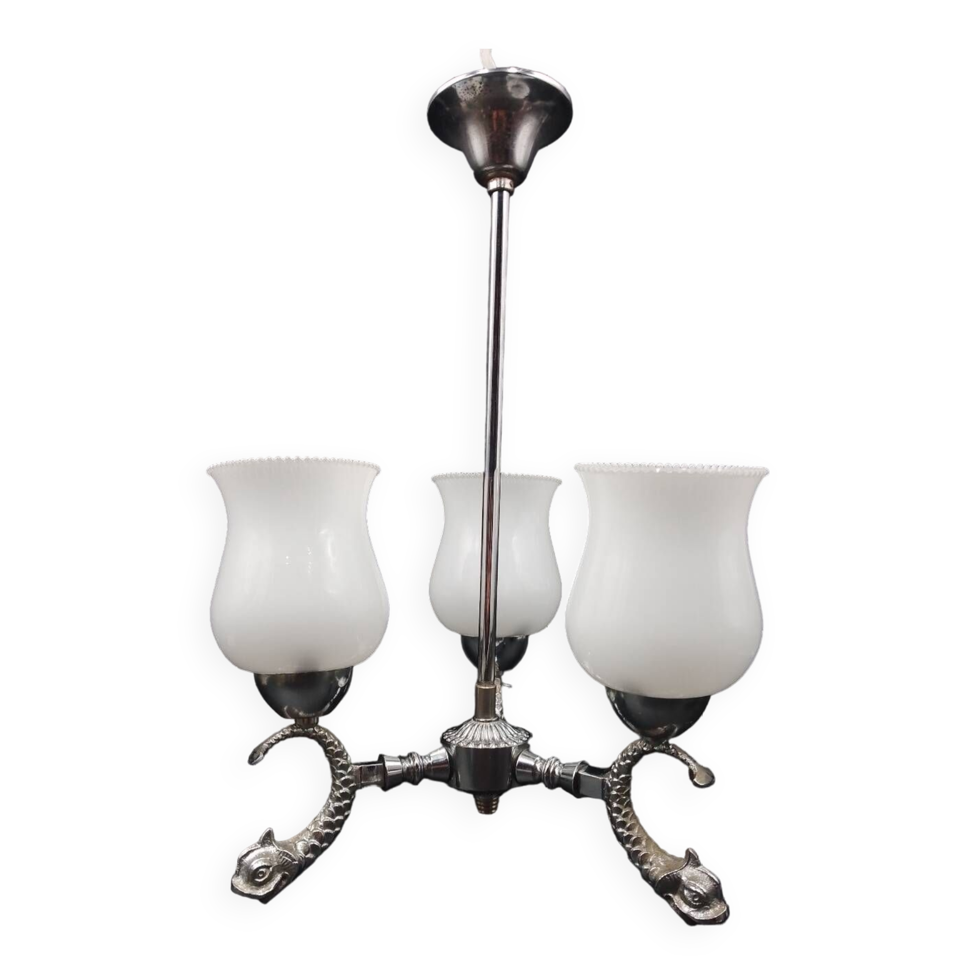 Vintage lamp 70/80 chrome dolphin fish chandelier and 3 opaline arms