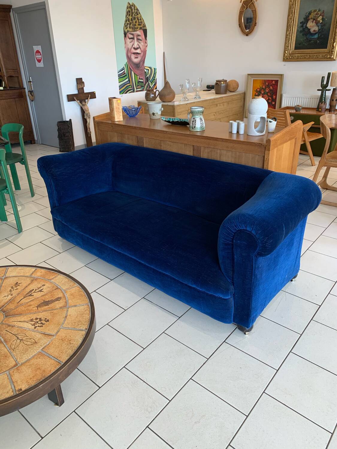 English Velvet Sofa, Blue, Circa 1950s Vintage