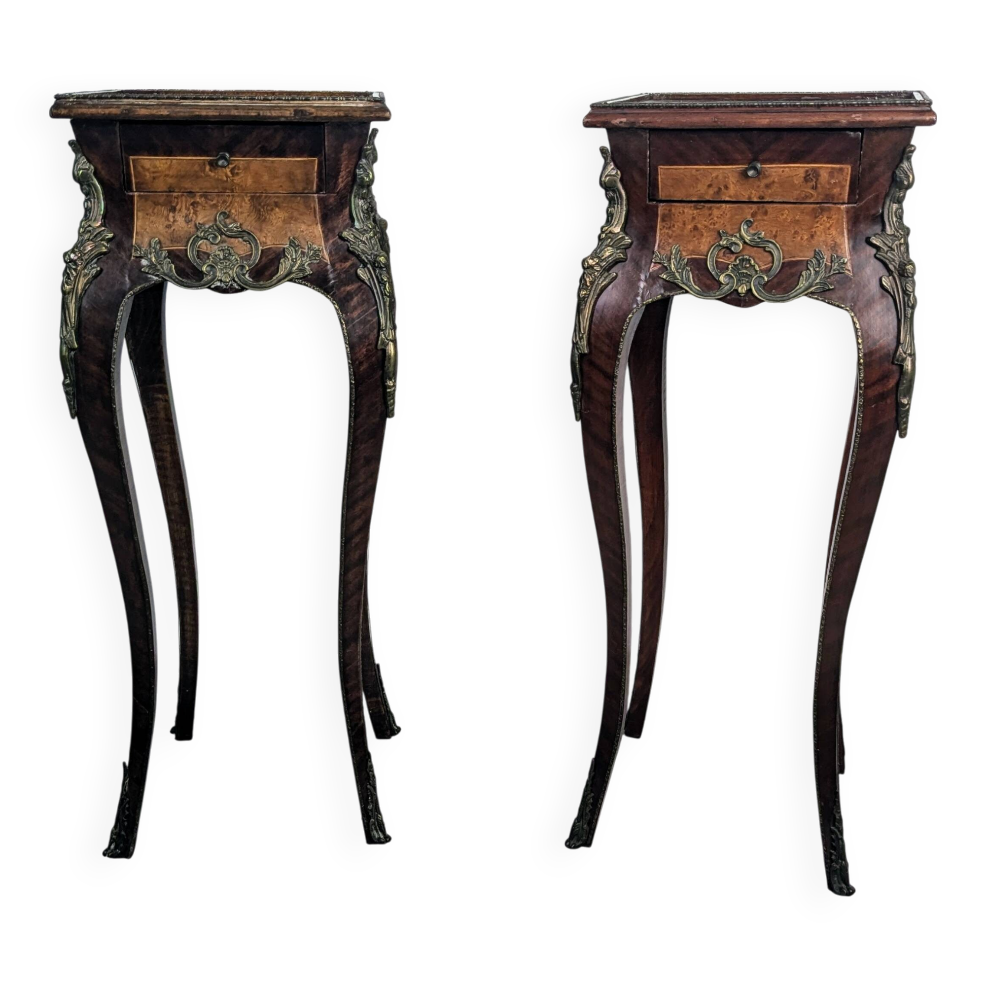 Pair of Louis XV bedside tables with marquetry and gilded bronzes