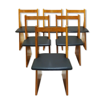 Set of six contemporary Church pew style solid oak dining chairs