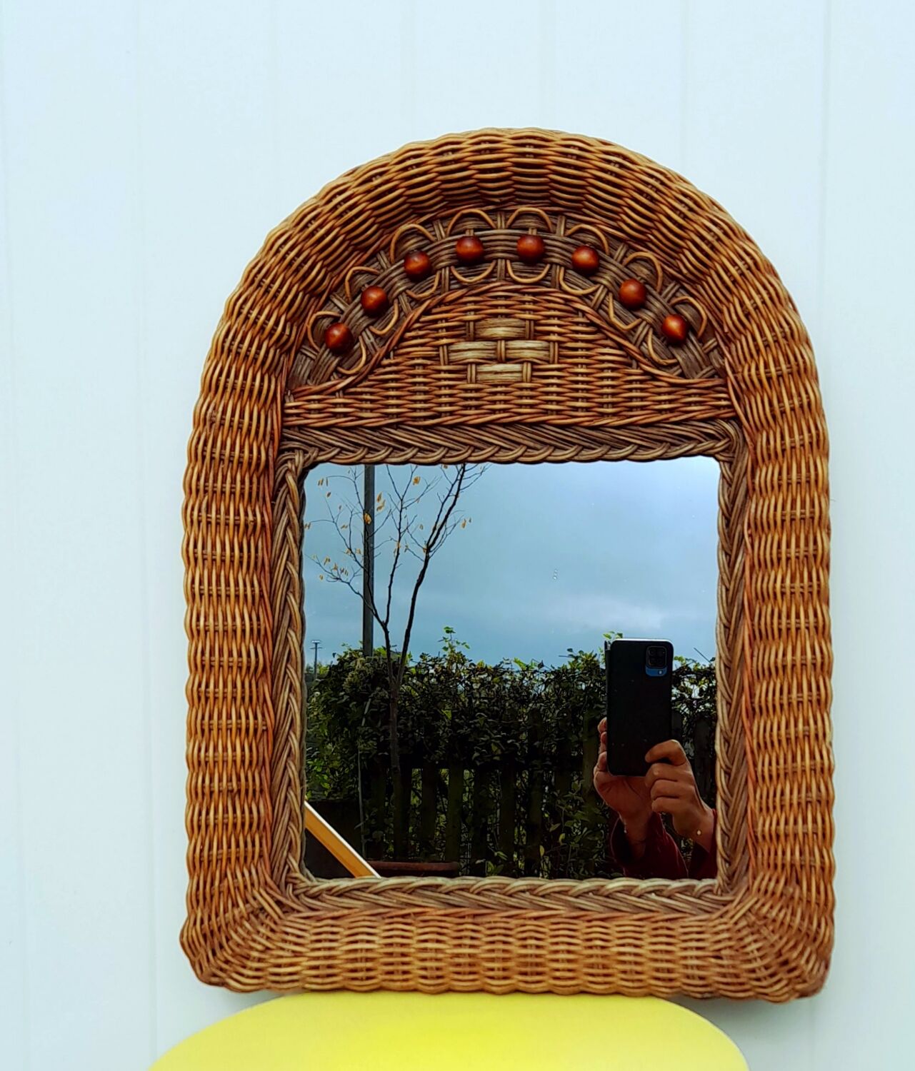 Woven wicker mirror and wooden beads 60s