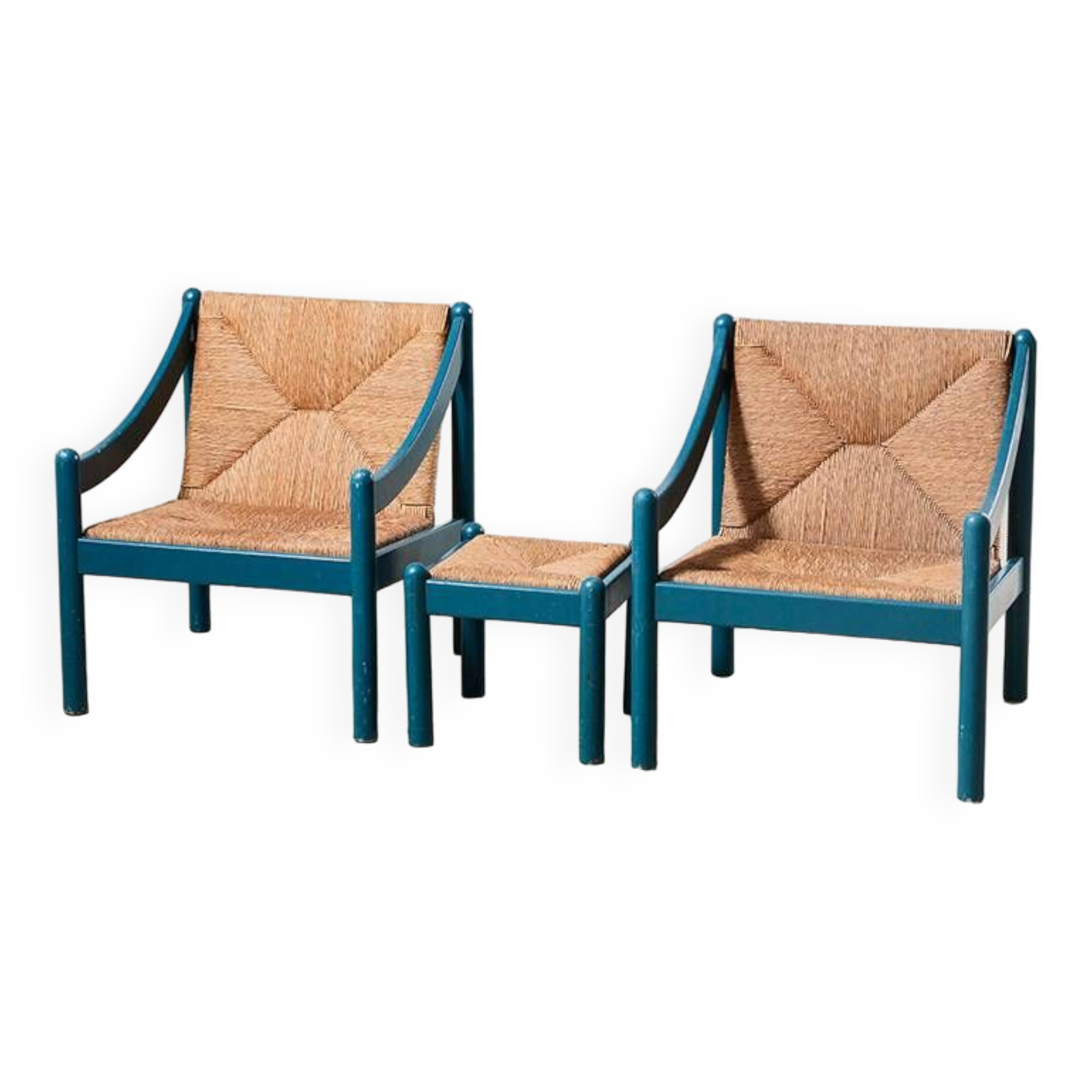 Vico Magistretti Pair of Carimate Lounge Chairs + Stool for Cassina Italy 1960s