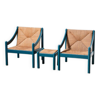 Vico Magistretti Pair of Carimate Lounge Chairs + Stool for Cassina Italy 1960s