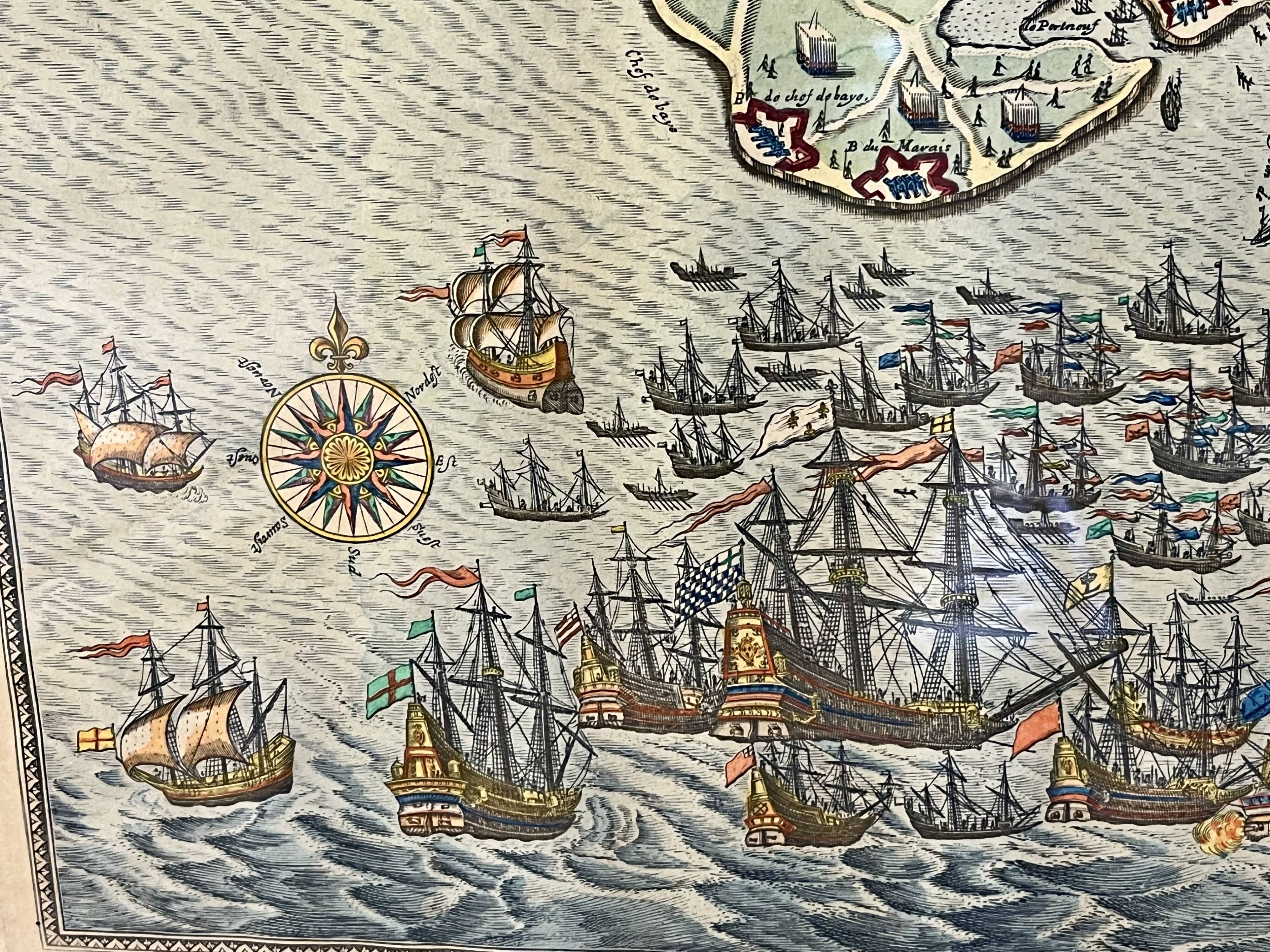 Engraving map siege & surrender La Rochelle -1628