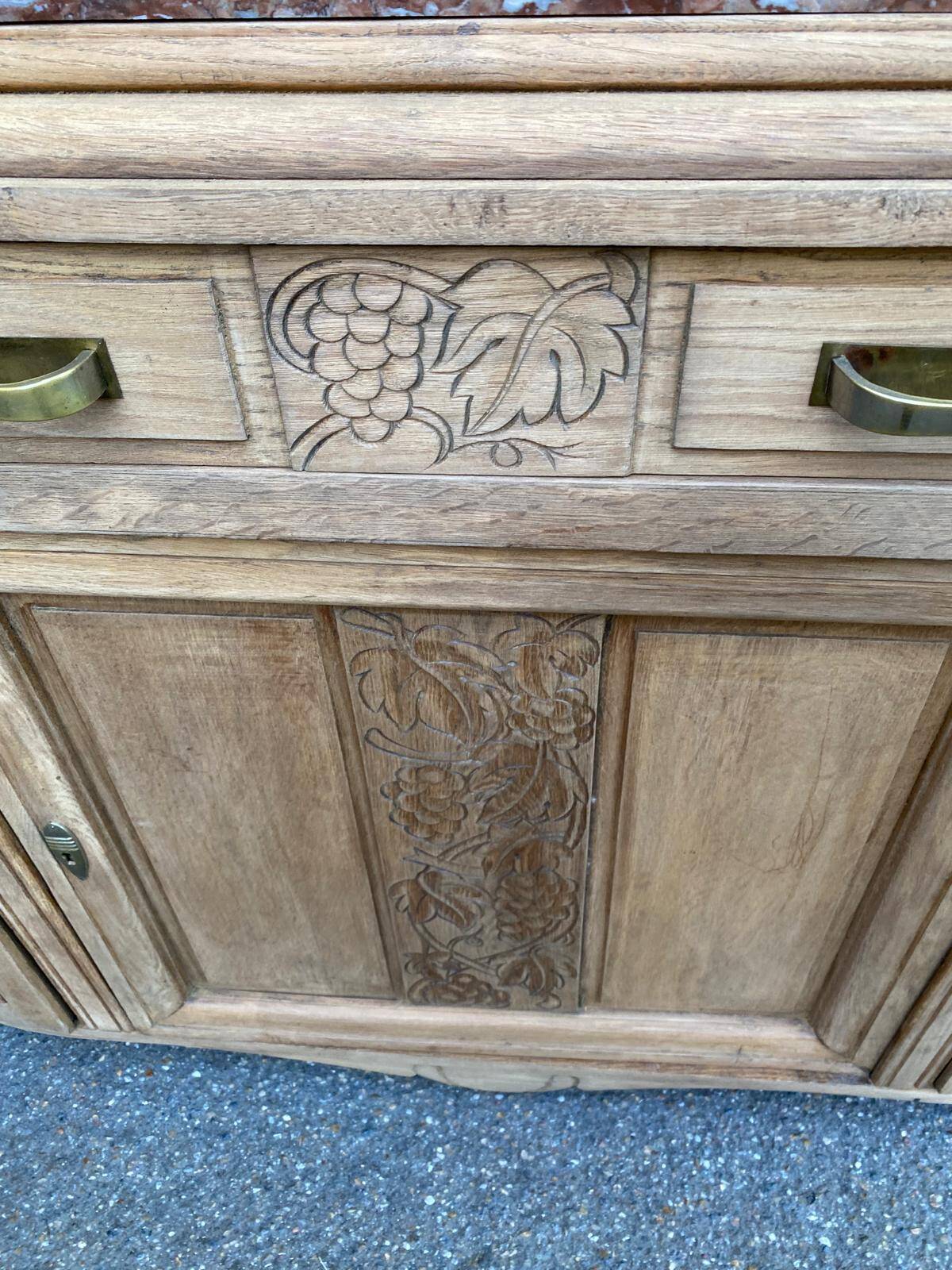 Art Deco vintage Parisian buffet renovated in solid oak and pink marble from the 1930s.