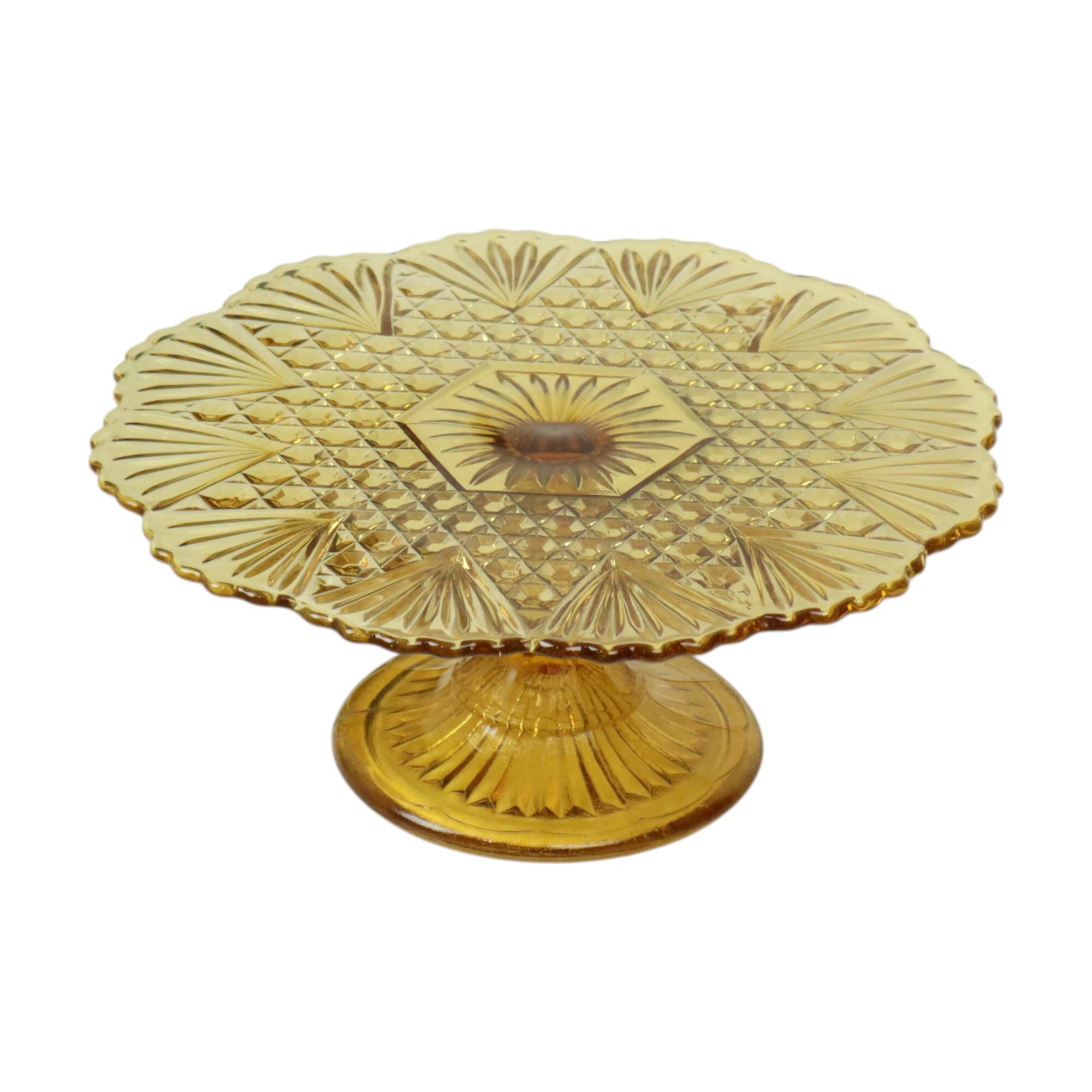Assiette à gâteau vintage Art déco en verre pressé ambré 30 cm