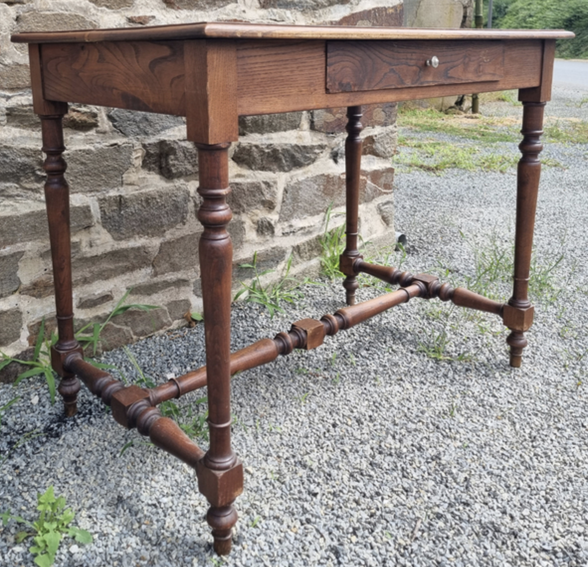 Writing table or wooden desk, Louis XIII style, turned feet, vintage