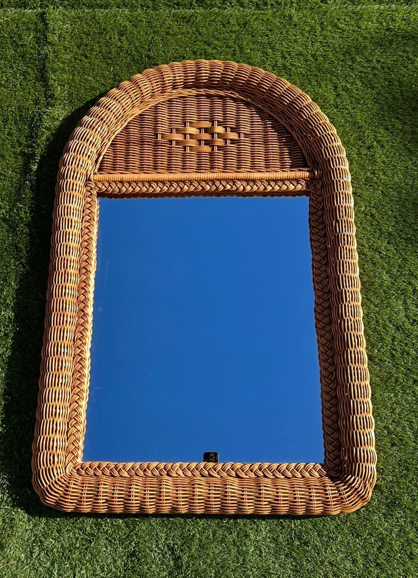Miroir français vintage en rotin naturel avec tresse torsadée, 1970-1980