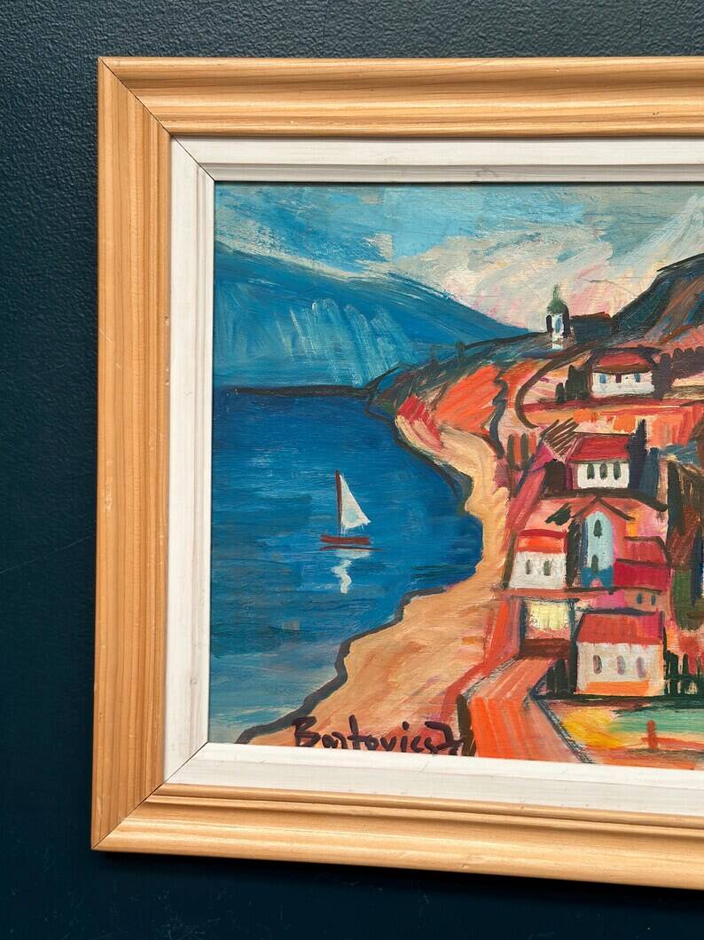 Original Swedish Oil on Panel – “Coastal Town” by Bartovicz 71 – Vintage & Framed – 51 × 41 cm (20" x 16.1")