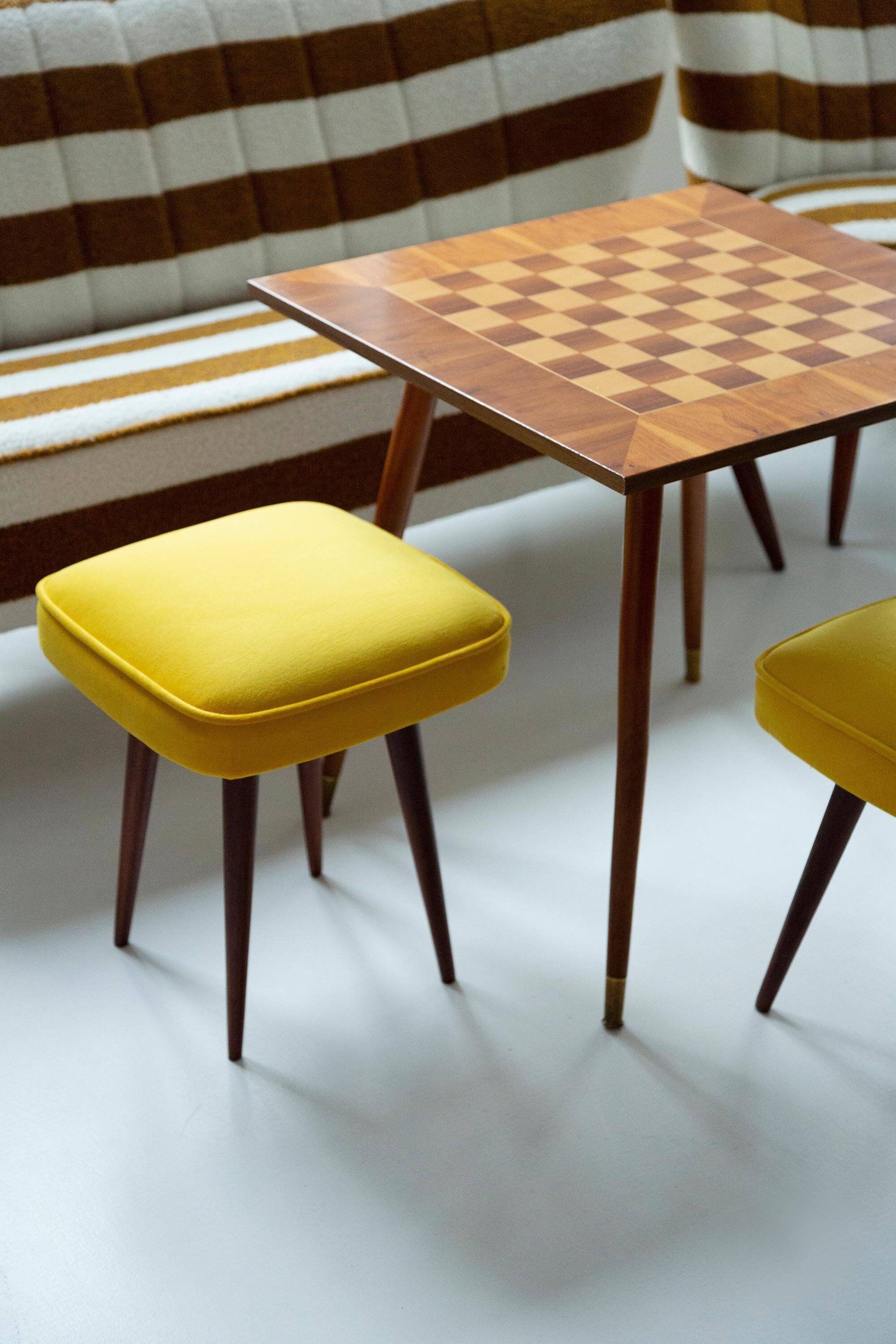 Mustard velvet stool, Mid-Century, Poland, 1960s