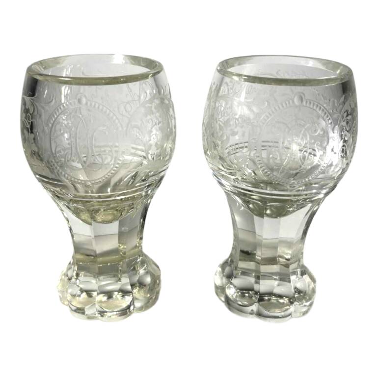 Pair of stemmed glasses in thick crystal, Bohemian, circa 1900