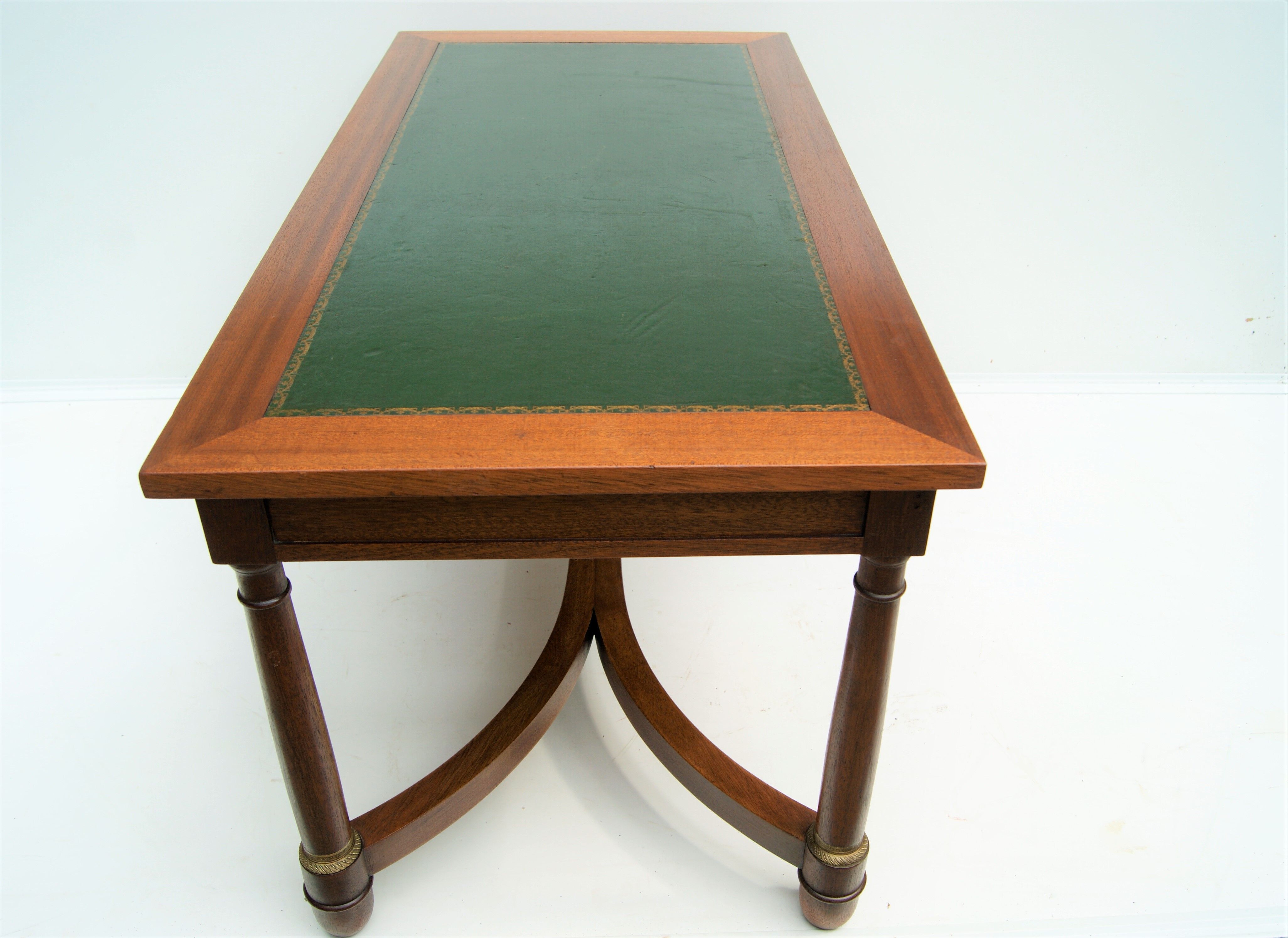 Mahogany coffee table, green leather, bronze Empire style
