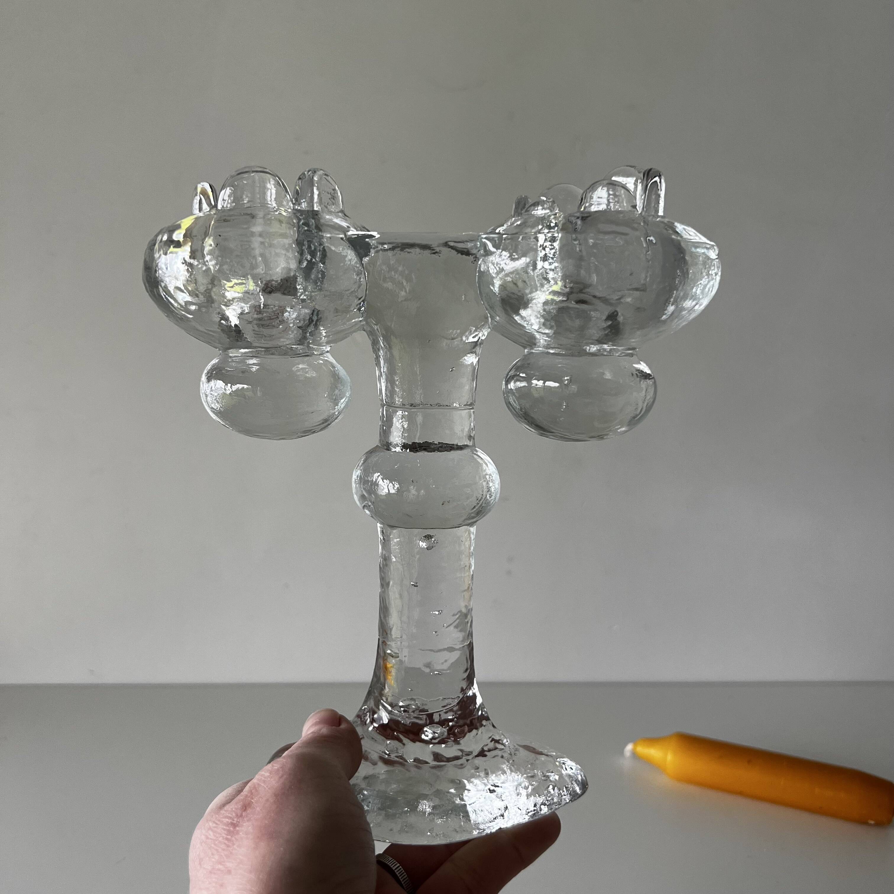 Brutalist double candle holder in ice glass Pukeberg Sweden – 1970