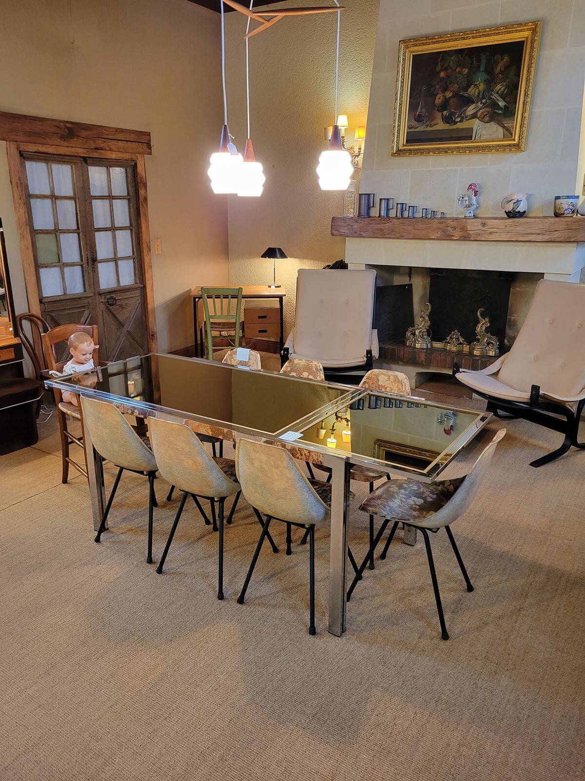 Vintage chrome and glass dining table, Roche Bobois