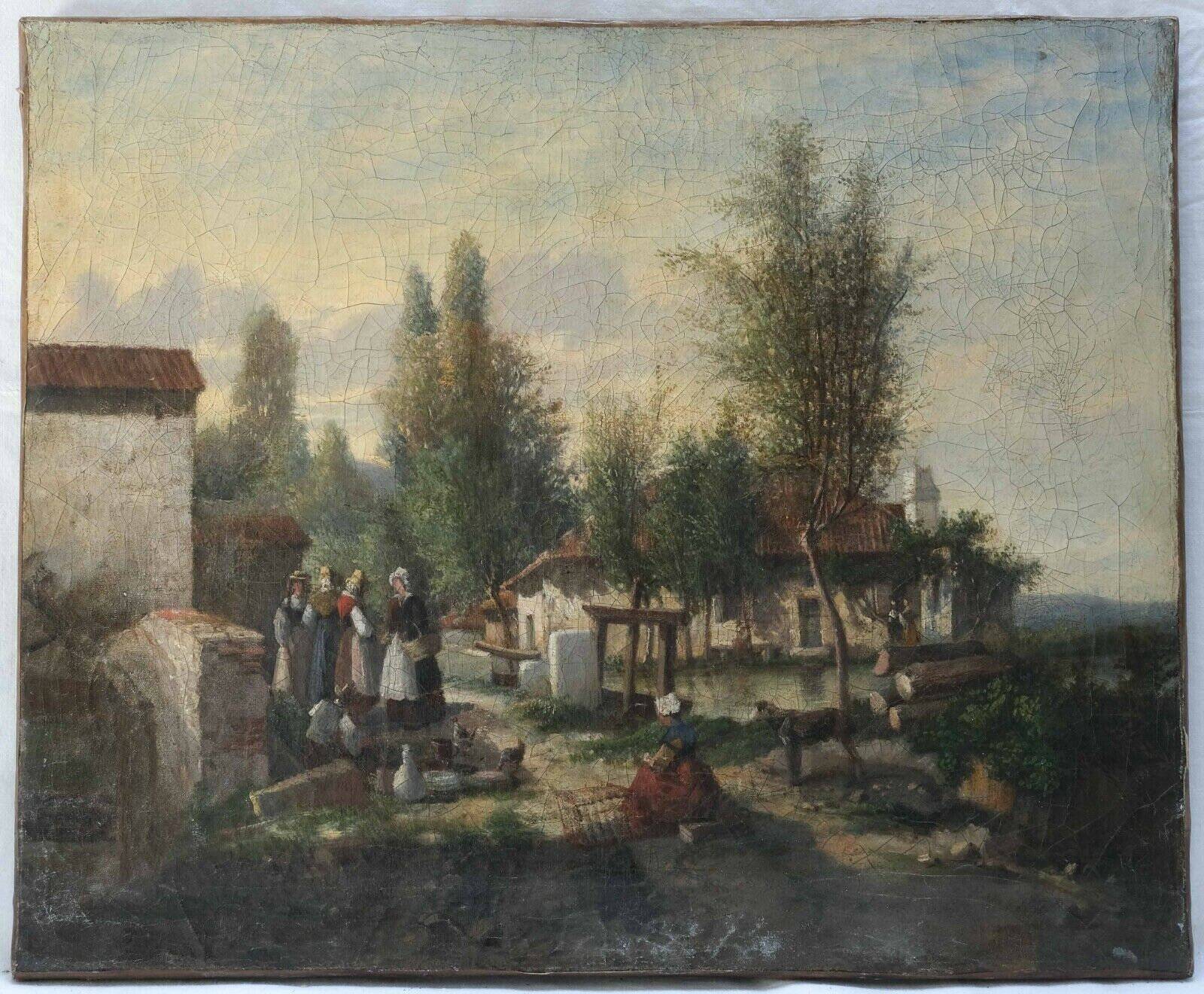 Peinture femmes bretonnes dans un paysage, maisons