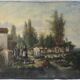 Peinture femmes bretonnes dans un paysage, maisons