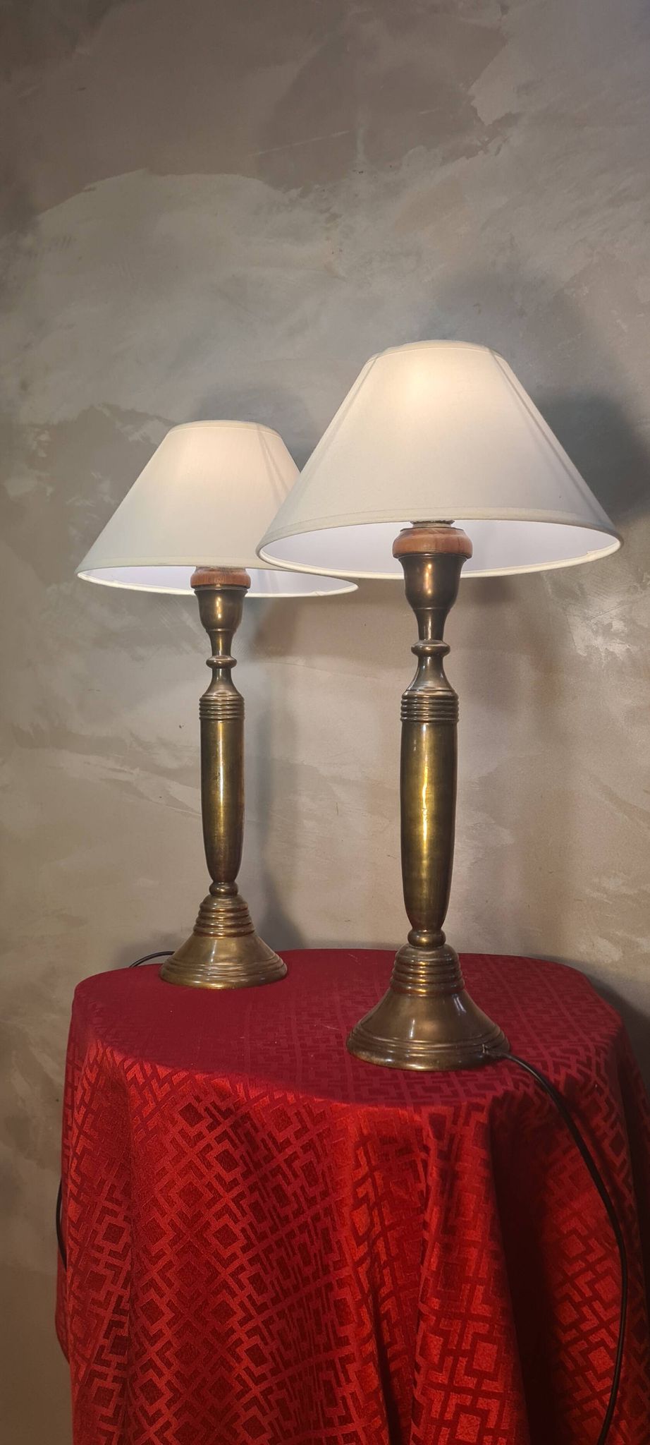 Pair of large solid brass lamps 1940, off-white lampshade 50x25
