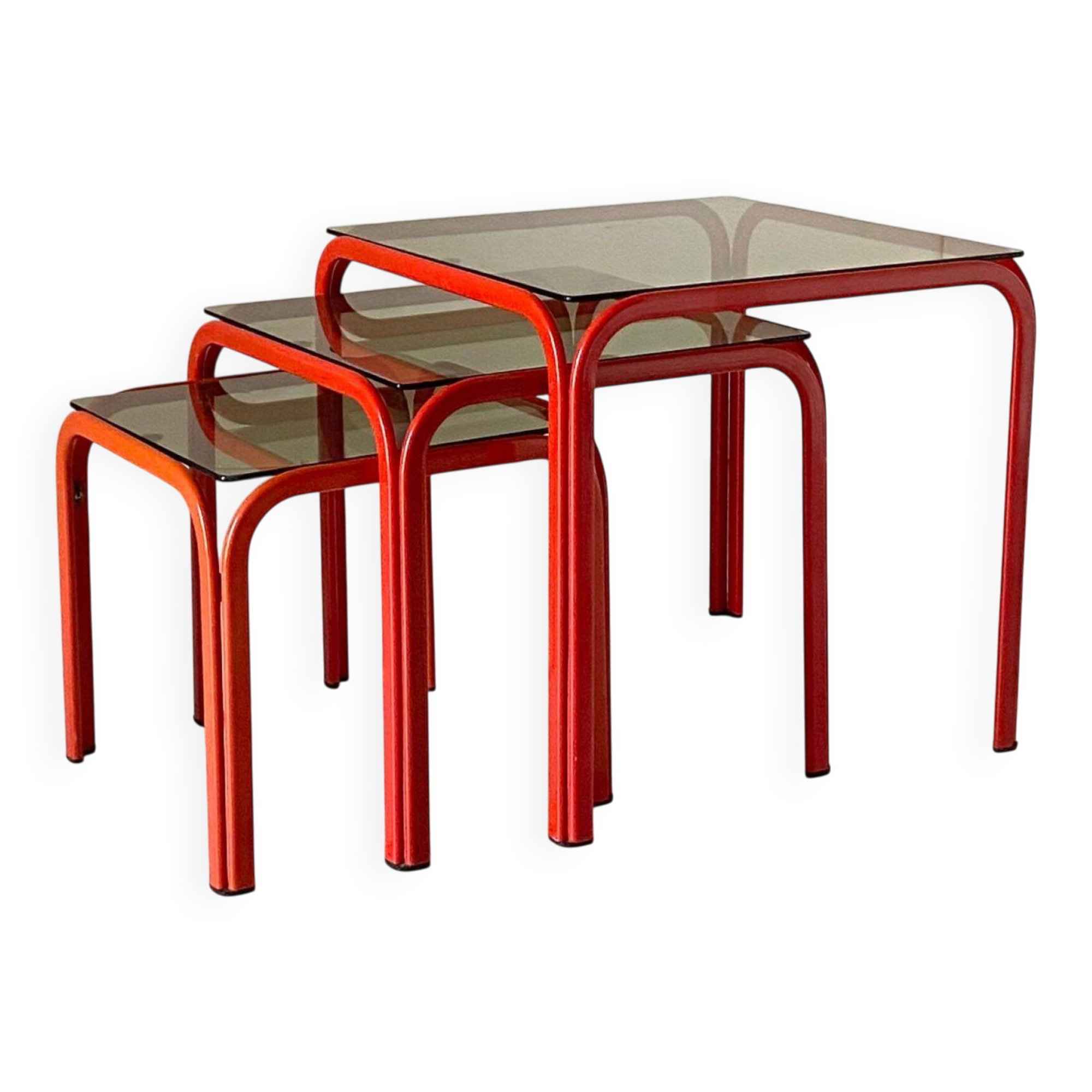 1970s Vintage Italian Nesting Tables with Red Iron Frame & Smoked Glass