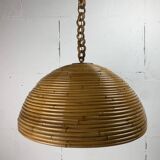 Midcentury pencil reed rattan bamboo pendant hanging lamp, Italy, 1970s