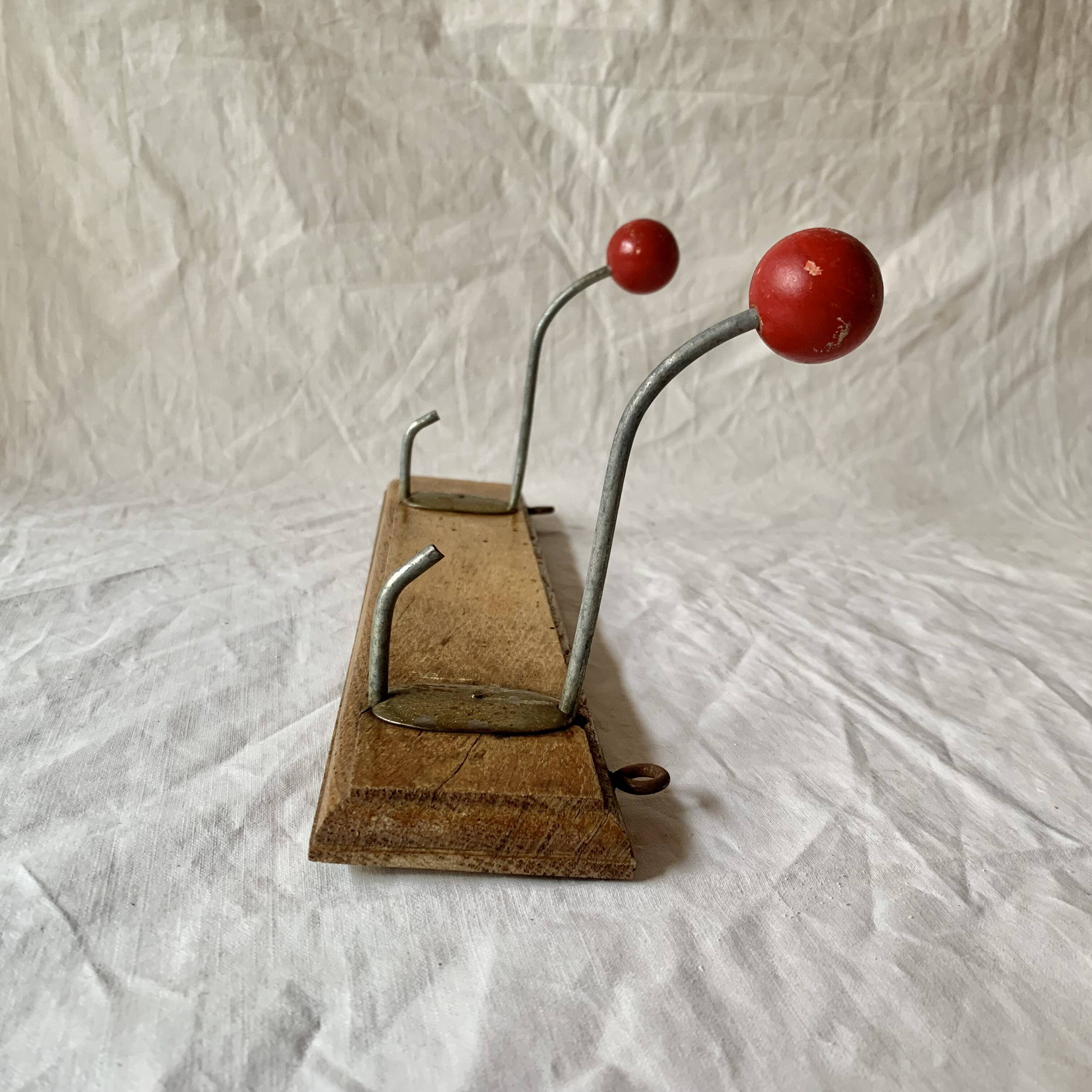 Vintage coat rack - double coat hook - red wooden balls